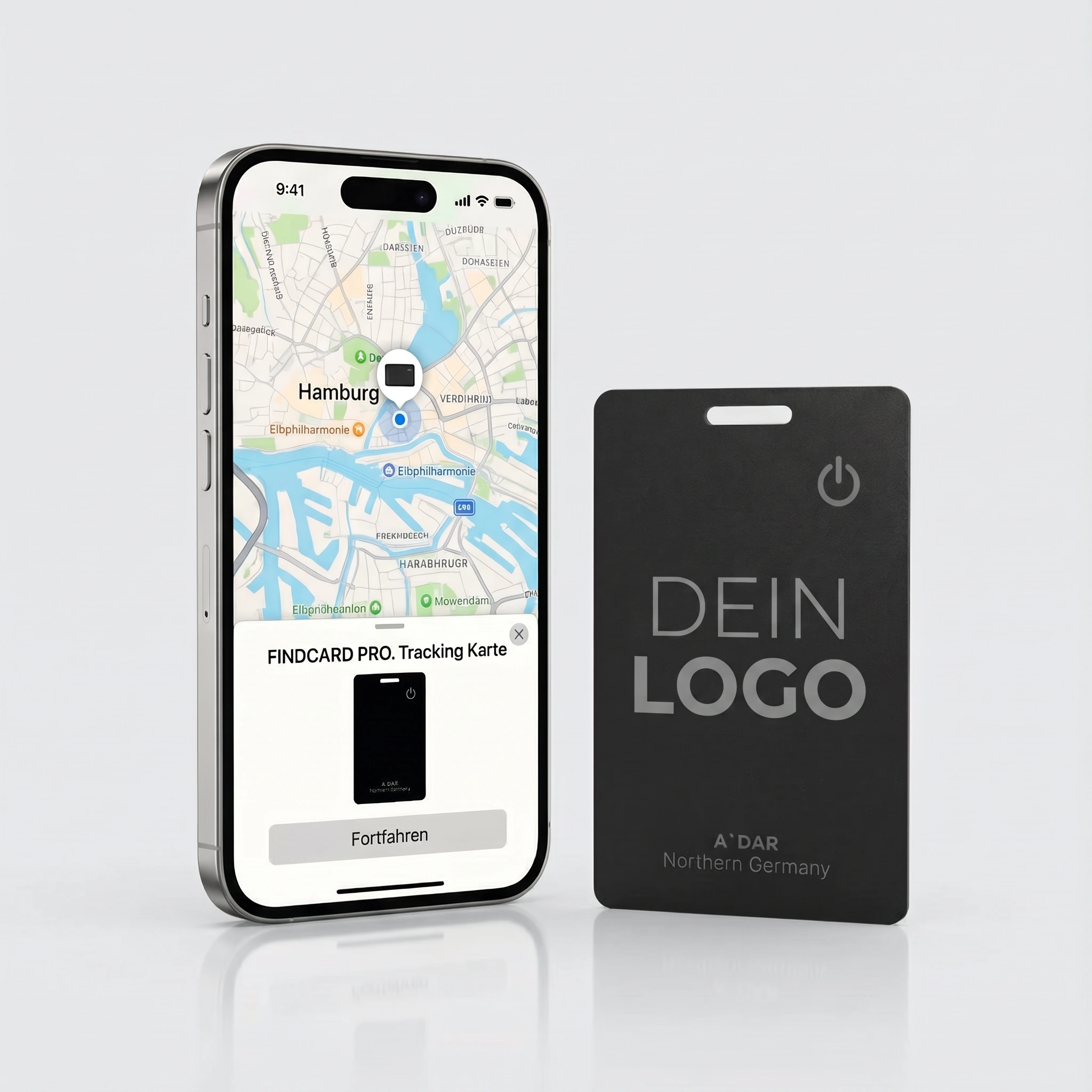 FindCard Pro Tracking-Karte mit Ortung im Smartphone und Logo-Fläche