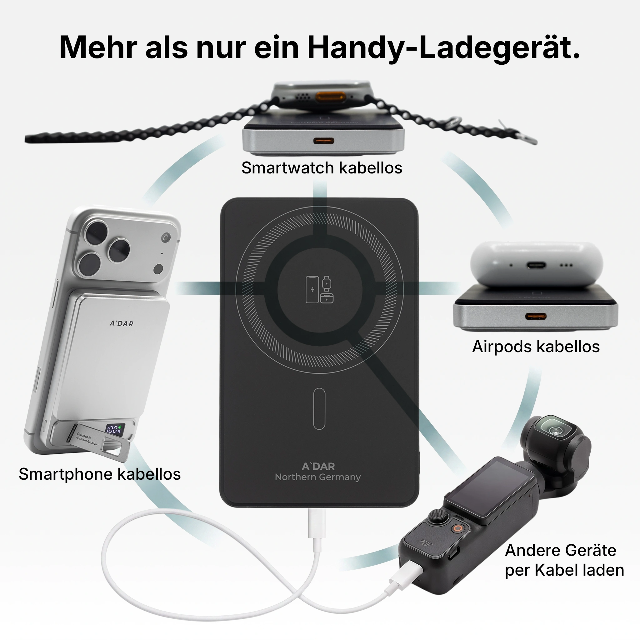 AdarCharge lädt Smartphone, Smartwatch und AirPods kabellos sowie andere Geräte per Kabel