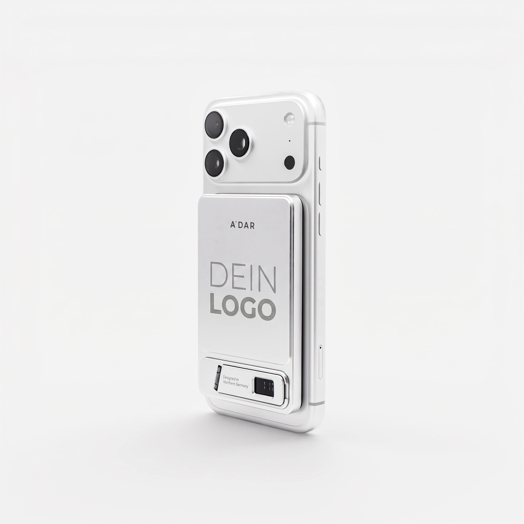AdarCharge magnetische Powerbank am Smartphone befestigt, mit Logo-Fläche